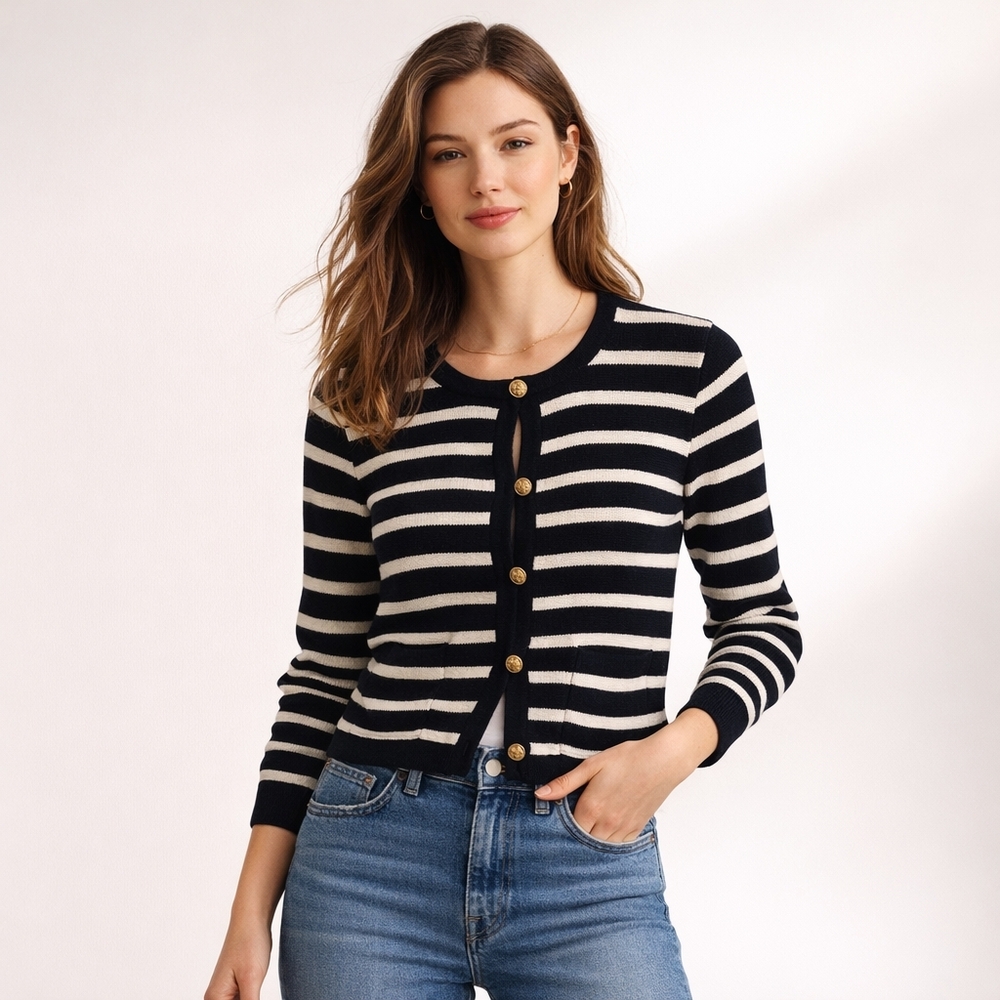 J. Crew Black and White Striped Cardigan Golden Buttons Size Extra Small